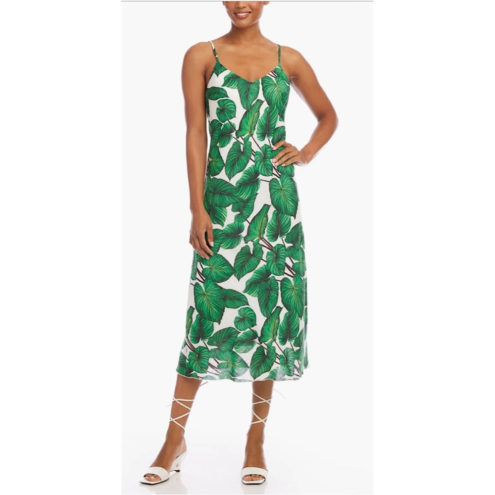 Karen Kane‎ Palm Print Bias Cut Linen Midi Dress Green White XS